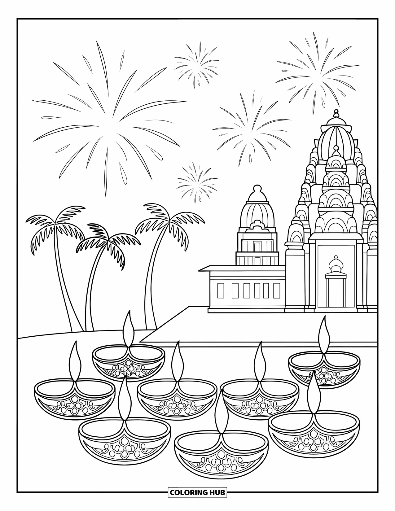 India Coloring Page for Kids: Temple towers with fireworks and rows of diyas