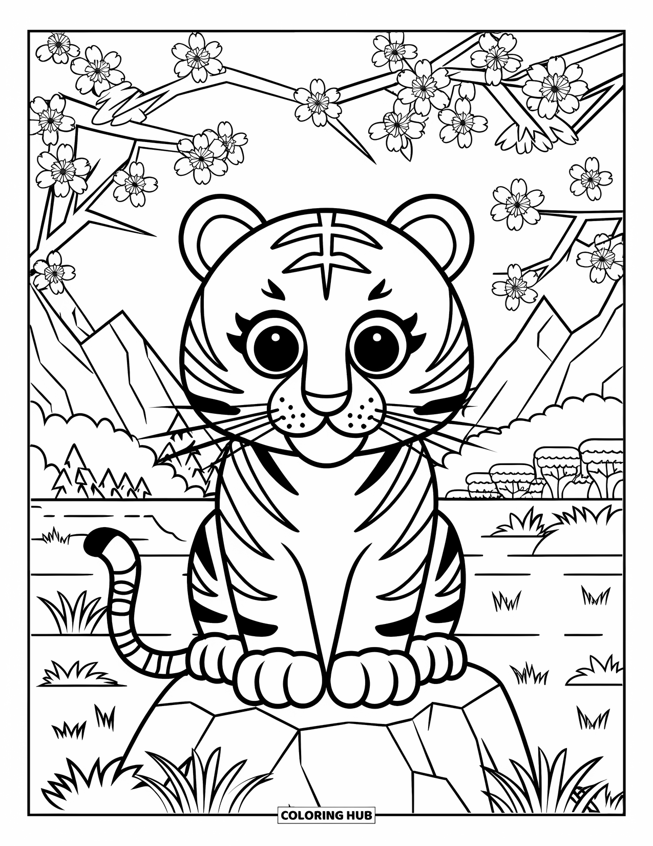 India Coloring Page for Kids: Tiger on a rock surrounded by blossoms
