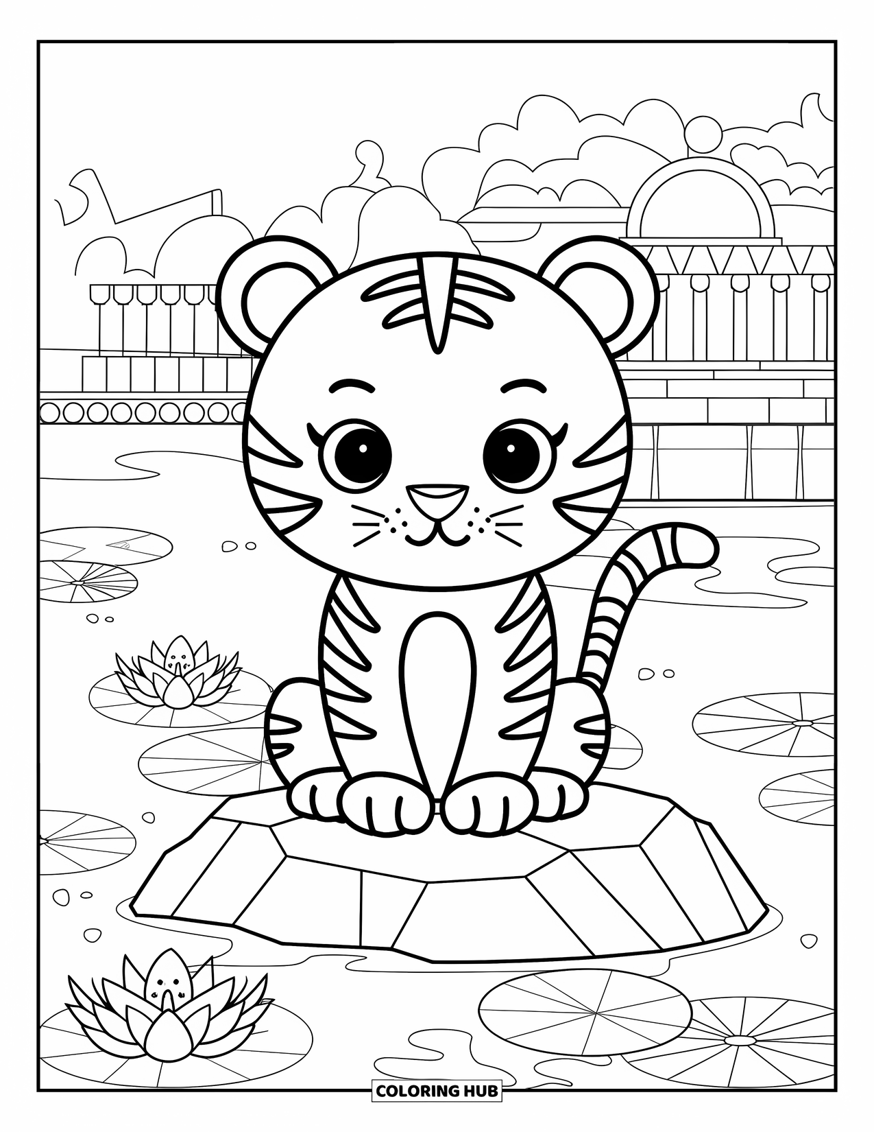 India Coloring Page for Kids: Tiger resting near lotus pond and temple