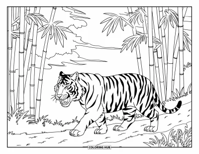 Coloriage d'Inde pour enfants : Tigre marchant sous des bambous avec des nuages au-dessus