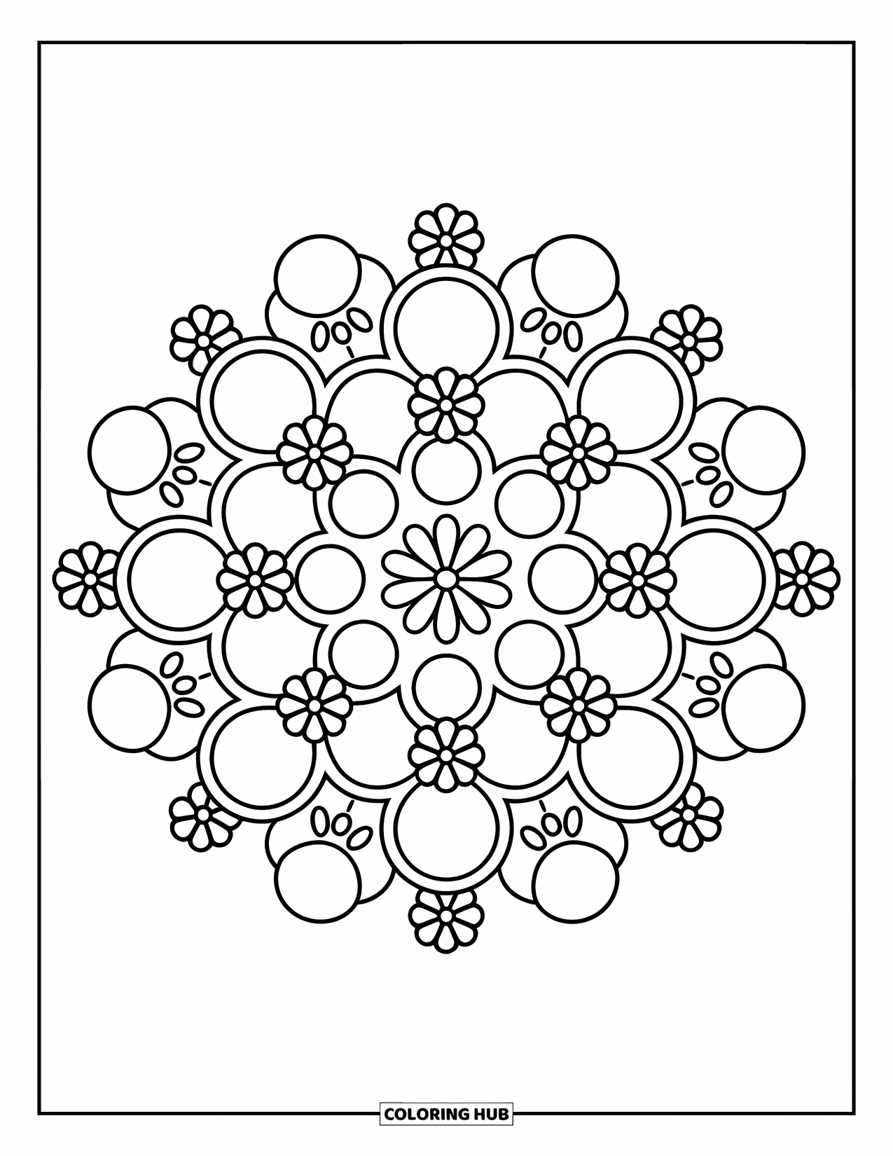 India Coloring Page for Kids: Traditional rangoli of circles and flowers