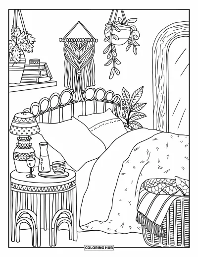 Coloriage de décoration intérieure pour adultes : Une chambre avec un lit superposé, une tête de lit en rotin et des plantes