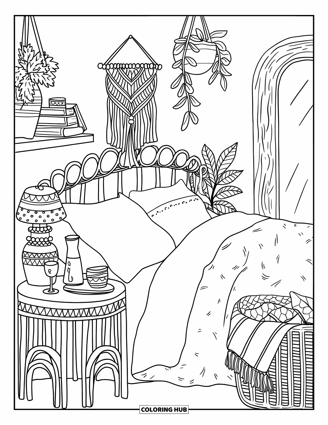 Interior Design Coloring Page for Adults: A bedroom with a layered bed, rattan headboard, and plants