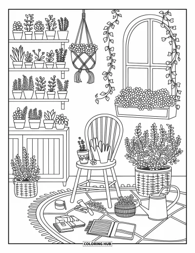 Coloriage de décoration intérieure pour adultes : Un havre de verdure lumineux avec des plantes, des paniers, un fauteuil et des articles de jardinage
