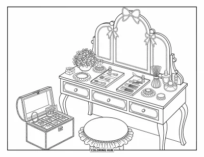 Coloriage de décoration intérieure pour adultes : Une charmante coiffeuse avec miroir, tabouret, fleurs et accessoires soigneusement disposés