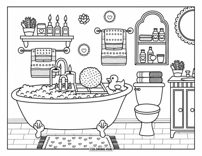 Coloriage de décoration intérieure pour adultes : Une baignoire sur pieds avec des bulles, des bougies, des serviettes et un joyeux canard en caoutchouc
