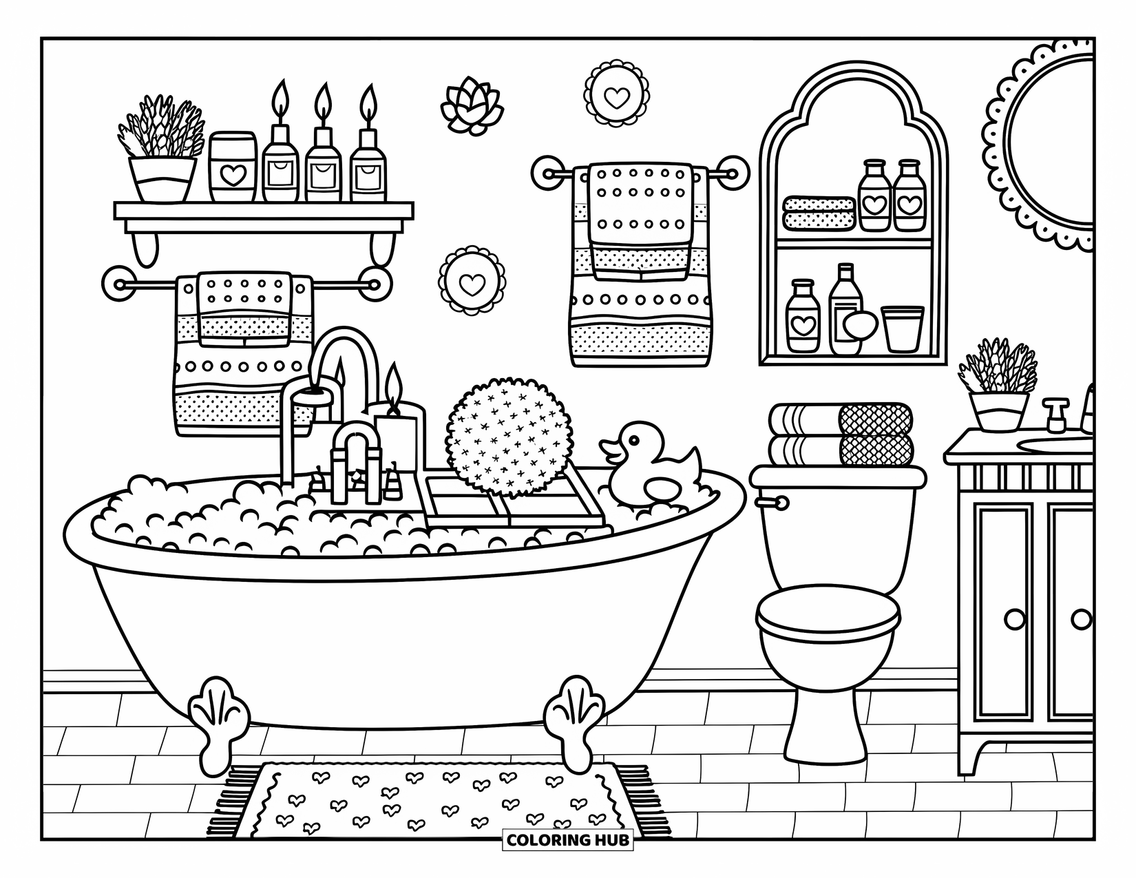 Interior Design Coloring Page for Adults: A clawfoot tub with bubbles, candles, towels, and a cheerful rubber duck