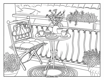 Coloriage de décoration intérieure pour adultes : Un balcon chaleureux avec thé, fleurs, guirlande lumineuse et sièges rembourrés
