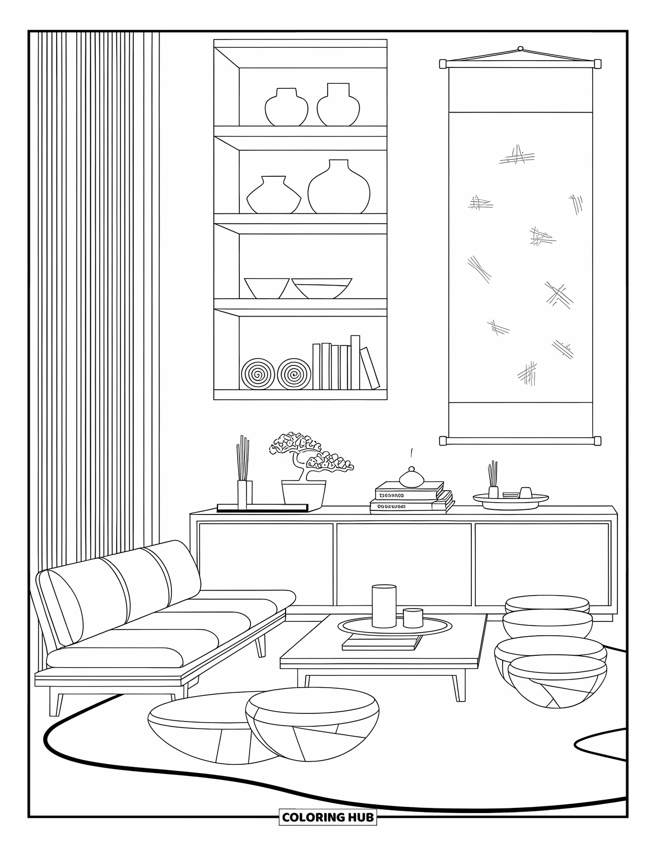 Interior Design Coloring Page for Adults: A living room with wooden sofa, cushions, and sleek coffee table