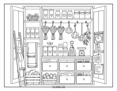 Coloriage de décoration intérieure pour adultes : Un garde-manger avec des bocaux, des paniers, de l'ail, des oignons et des fiches de recettes