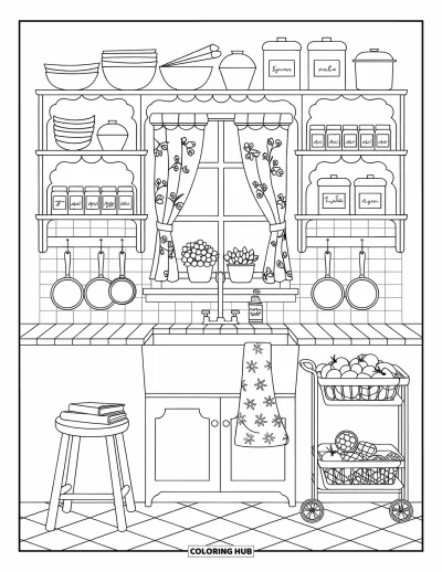 Coloriage de décoration intérieure pour adultes : Une cuisine pittoresque avec des étagères, des bols, des bocaux à épices et un évier de style campagnard