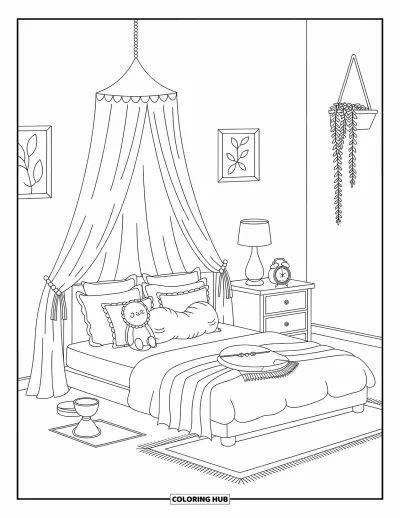 Coloriage de décoration intérieure pour adultes : Une chambre sereine avec lit à baldaquin, peluche, table de chevet et armoire