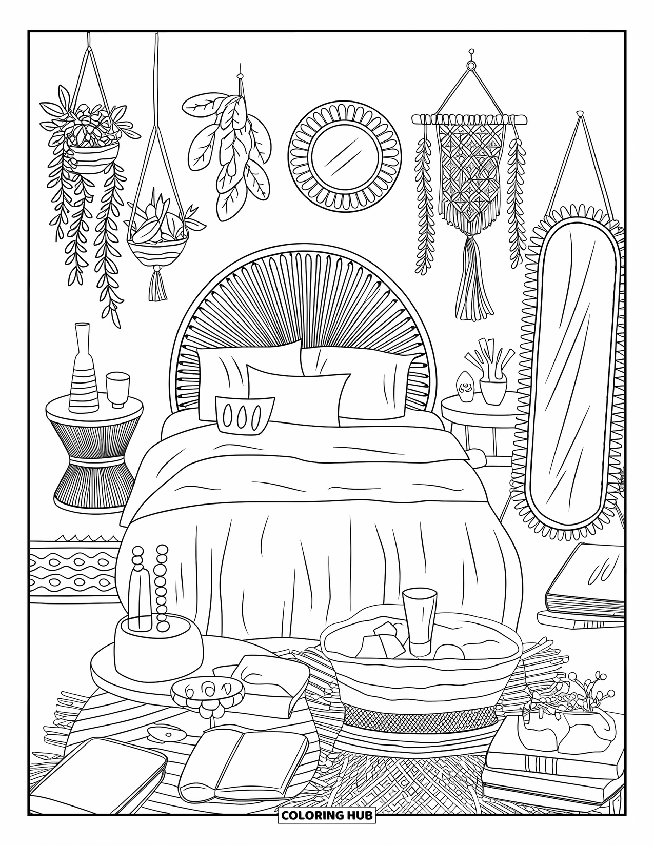 Interior Design Coloring Page for Adults: A serene bedroom with rattan headboard, lamp, plants, and books