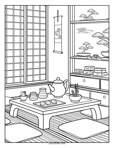 Coloriage de décoration intérieure pour adultes : Un salon de thé apaisant avec service à thé, mochi, kakémono et coussins moelleux