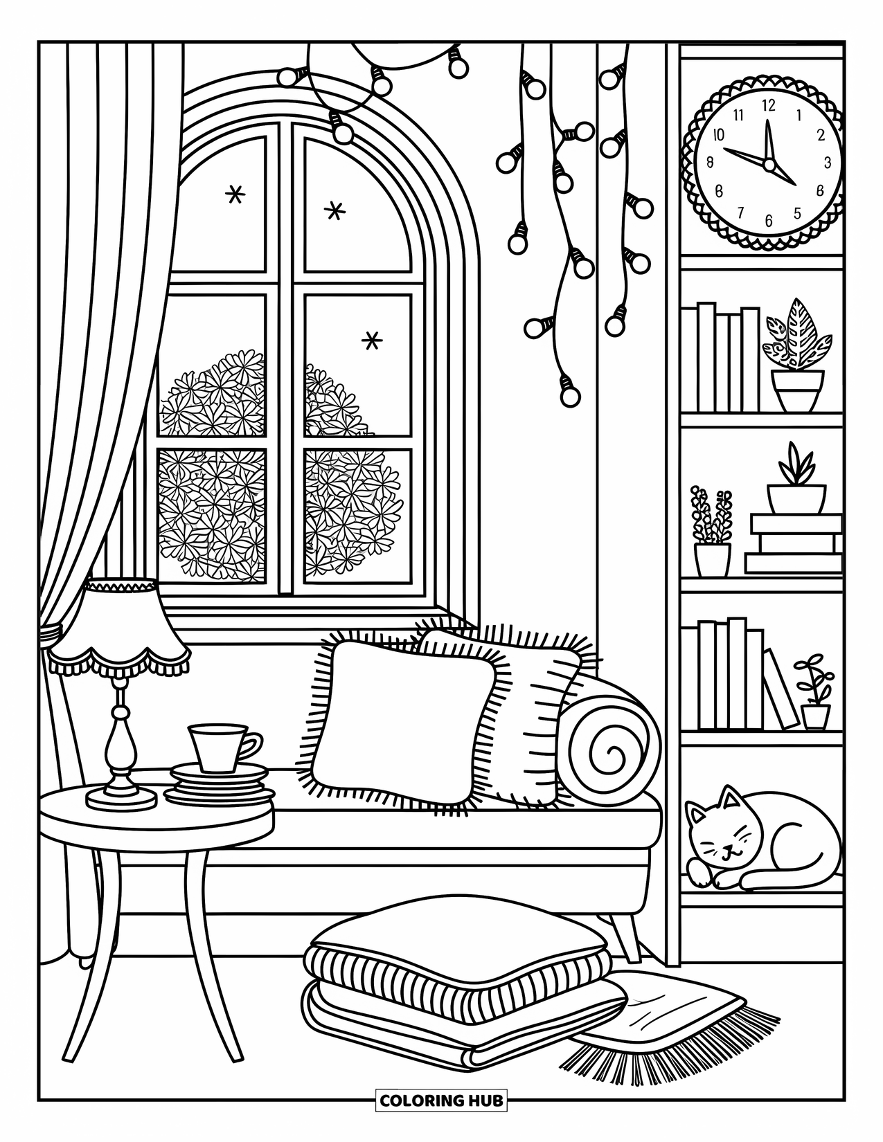 Interior Design Coloring Page for Adults: A soft window nook with cozy bench, blanket, books, lamp, and cat