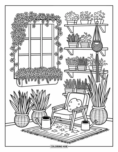 Coloriage de décoration intérieure pour adultes : Une pièce lumineuse remplie de plantes en pot, de lianes et d'outils de jardinage