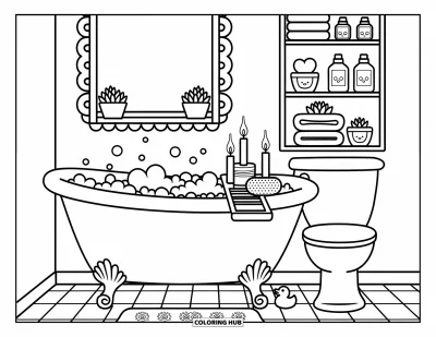 Coloriage de décoration intérieure pour adultes : Une scène de bain chaleureuse avec bulles, canard, bougies, serviettes et plantes grasses