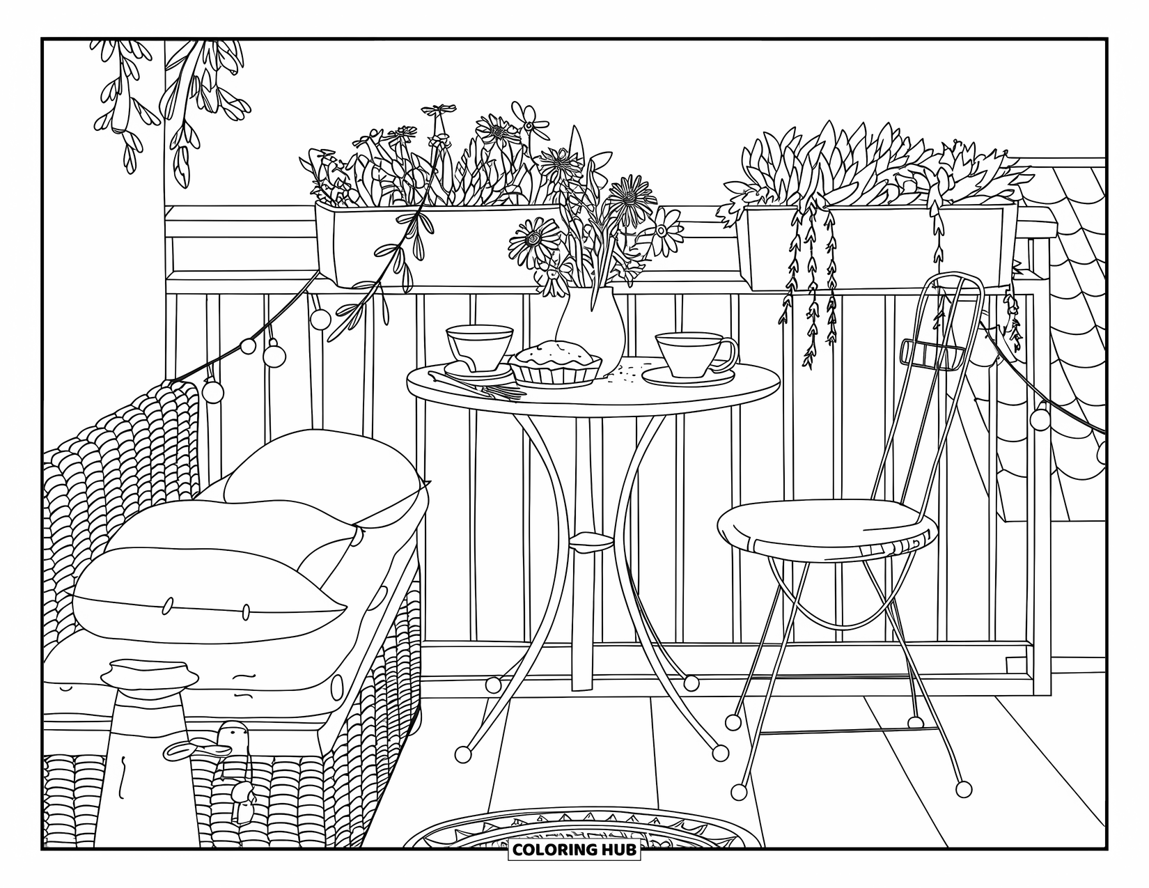 Interior Design Coloring Page for Adults: Balcony nook with tea, flowers, lights, and a cushioned bench