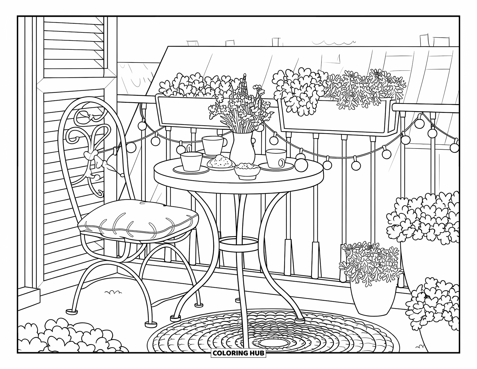 Interior Design Coloring Page for Adults: Charming balcony with tea table, wildflowers, and glowing string lights