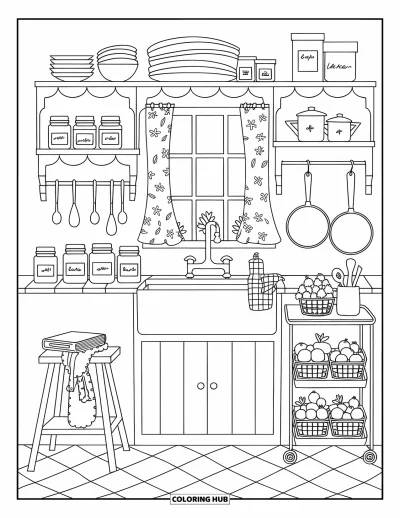 Coloriage de décoration intérieure pour adultes : Cuisine charmante avec étagères, évier, casseroles et carrelage à motifs