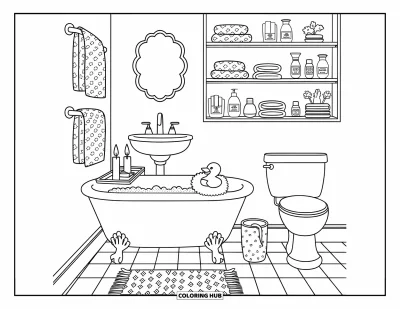 Coloriage de décoration intérieure pour adultes : Salle de bain douillette avec baignoire remplie de bulles, tapis, bougies et détails ludiques
