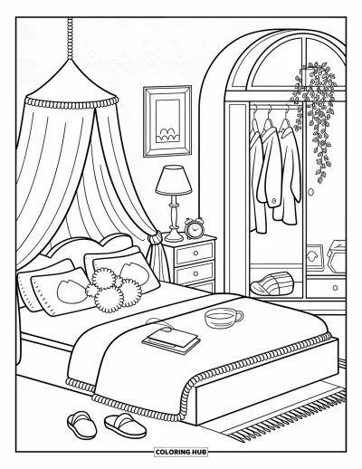 Coloriage de décoration intérieure pour adultes : Chambre douillette avec lit à baldaquin, coussins, table de chevet et plante grimpante en pot