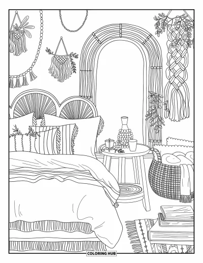 Coloriage de décoration intérieure pour adultes : Chambre douillette avec lit superposé, lampe, miroir et paniers