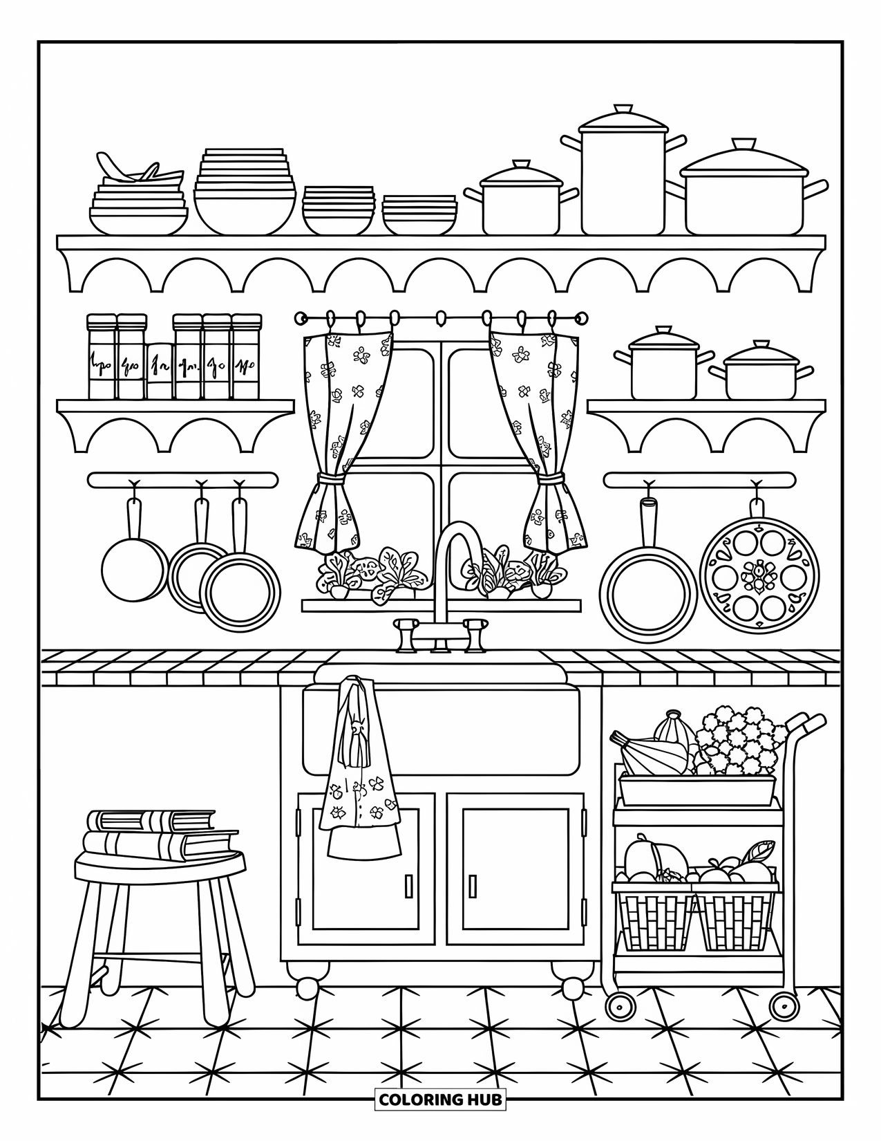Interior Design Coloring Page for Adults: Cozy kitchen with shelves, spice jars, copper pans, and a rolling cart