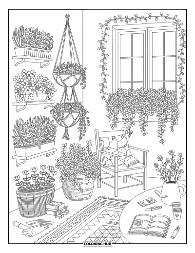 Coloriage de décoration intérieure pour adultes : Pièce végétalisée avec des fleurs, des lianes, un fauteuil et des outils de jardinage