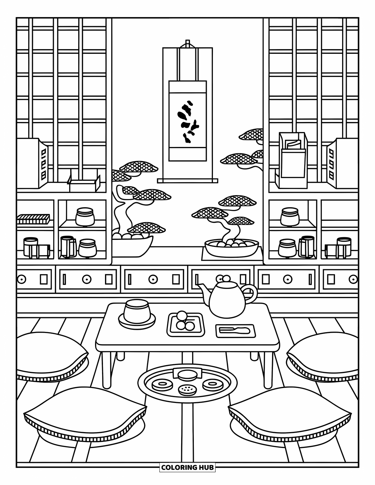Interior Design Coloring Page for Adults: Cozy tea room with table, tea set, tatami mat, and bonsai trees