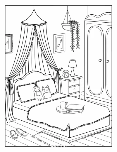 Coloriage de décoration intérieure pour adultes : Chambre de rêve avec lit à baldaquin, coussins, armoire et détails charmants