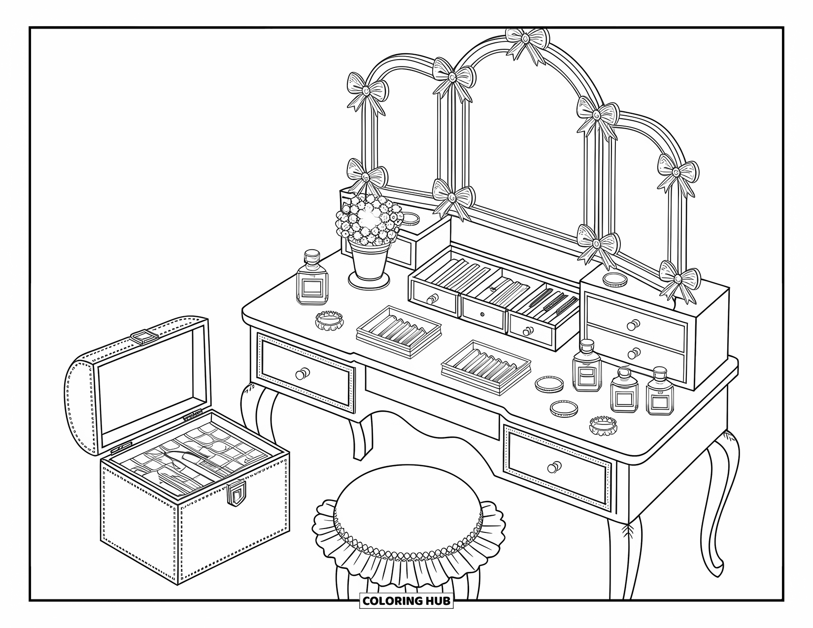 Interior Design Coloring Page for Adults: Elegant vanity with bows, pearls, jewelry, flowers, and cozy decorative touches