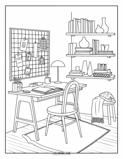 Coloriage de décoration intérieure pour adultes : Bureau à domicile avec bureau, agenda, notes et un fauteuil confortable