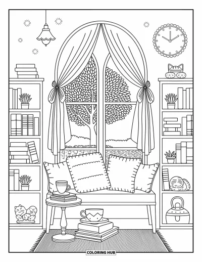 Coloriage de décoration intérieure pour adultes : Coin fenêtre accueillant avec coussins, banc, livres, chat et guirlande lumineuse