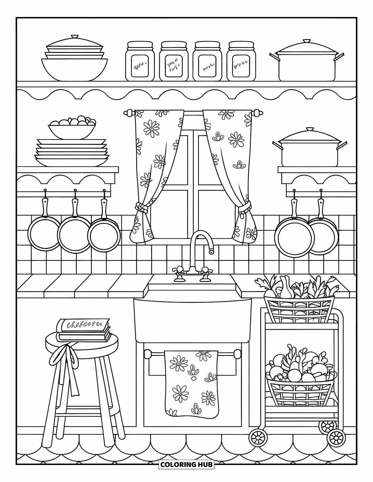 Interior Design Coloring Page for Adults: Kitchen shelves with bowls, spices, pans, and a farmhouse sink