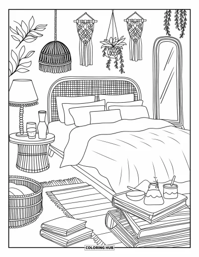 Coloriage de décoration intérieure pour adultes : Lit superposé avec tête de lit en rotin, lampe, plantes et décoration en macramé