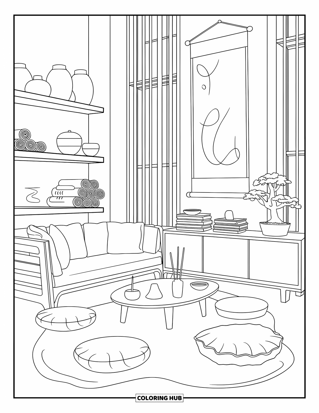 Interior Design Coloring Page for Adults: Living space with sofa, cushions, bonsai, and an organic rug
