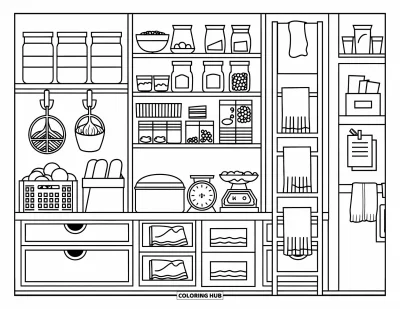 Coloriage de décoration intérieure pour adultes : Étagères de garde-manger avec des bocaux, des paniers, de l'ail et des citrons