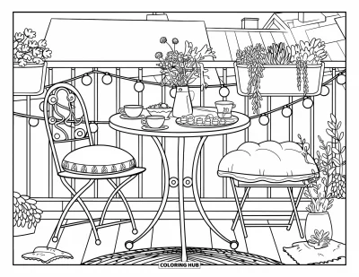 Coloriage de décoration intérieure pour adultes : Petit balcon avec service à thé, tarte, fleurs et jardinières d'herbes suspendues