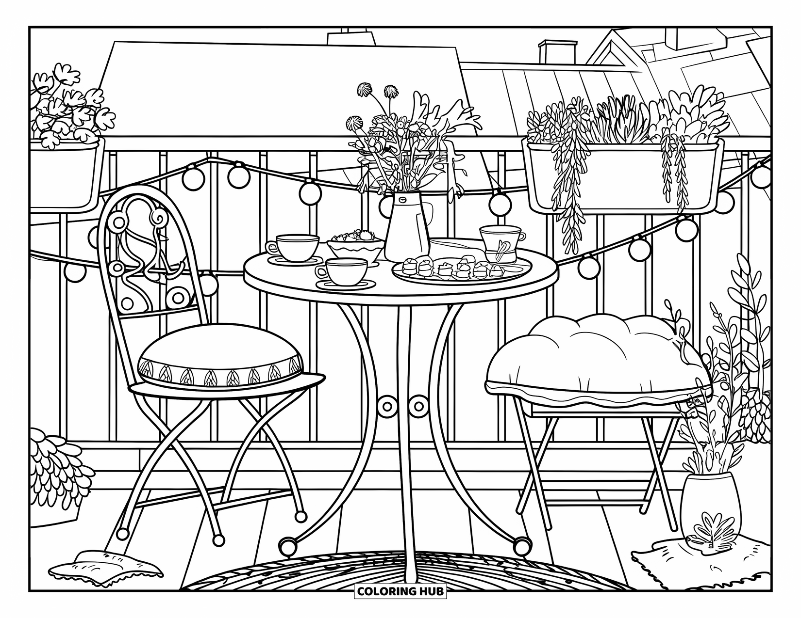 Interior Design Coloring Page for Adults: Small balcony with tea set, tart, flowers, and hanging herb planters