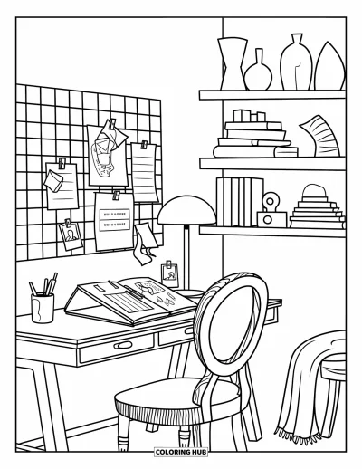Coloriage de décoration intérieure pour adultes : Petit bureau avec bureau, notes, étagères et plaid