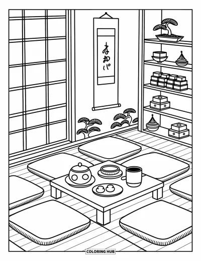 Coloriage de décoration intérieure pour adultes : Salon de thé paisible avec service à thé, mochi, bonsaï et décoration apaisante