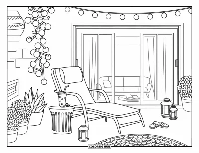Coloriage de décoration intérieure pour enfants : Un salon de jardin confortable avec des lumières, des plantes, des sandales et un livre ouvert