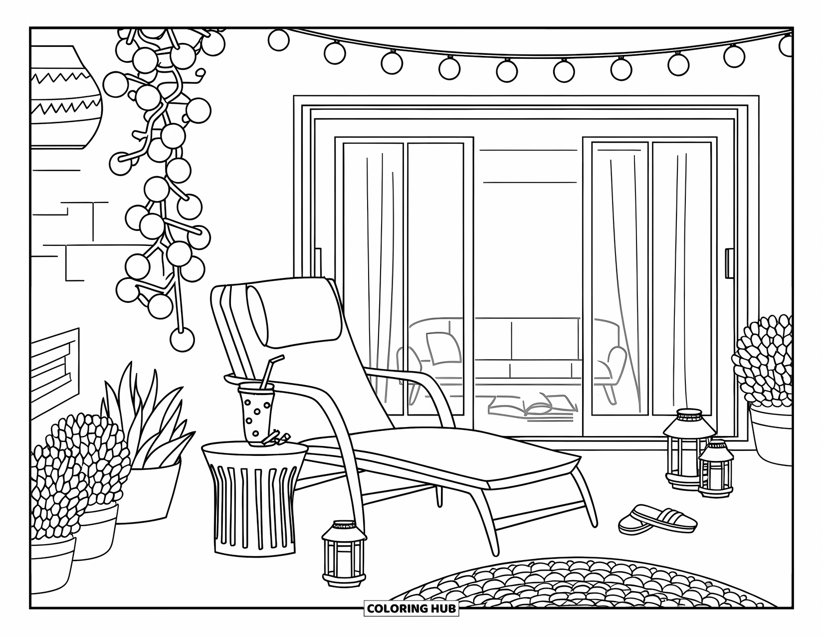 Interior Design Coloring Page for Kids: A comfy lounge patio with lights, plants, sandals, and an open book