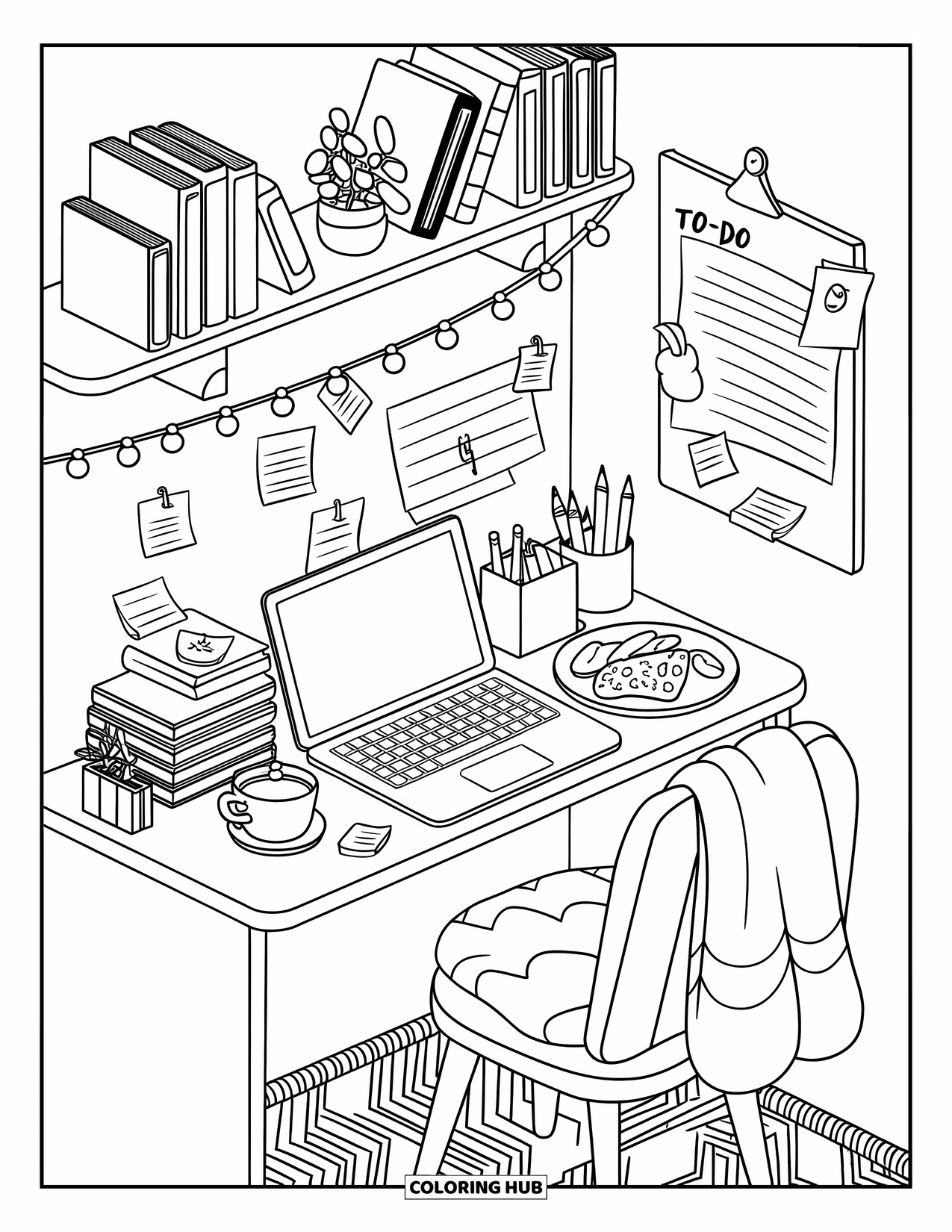Interior Design Coloring Page for Kids: A corner workspace with laptop, books, tea, and fairy lights