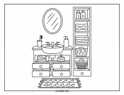 Coloriage de décoration intérieure pour enfants : Une salle de bain douillette avec lavabo, miroir, savon, serviettes et rangements
