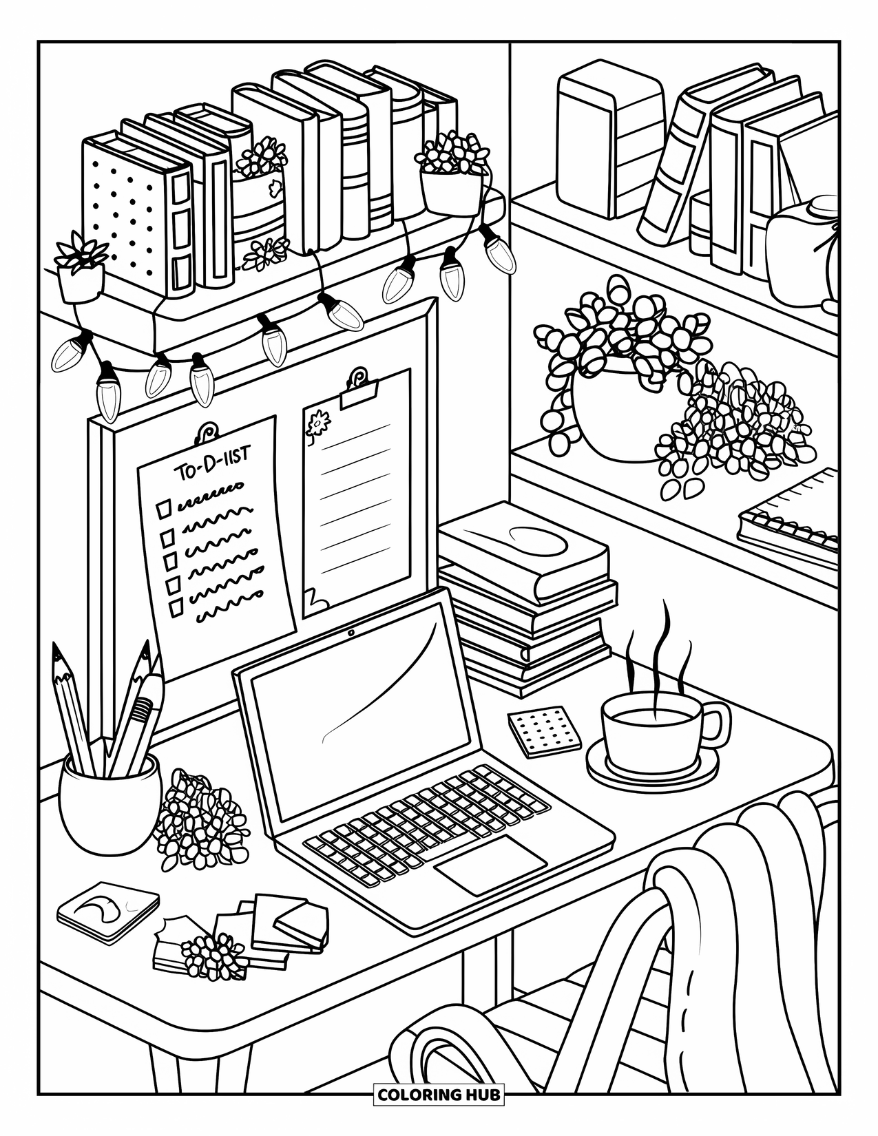 Interior Design Coloring Page for Kids: A cozy corner desk with laptop, books, tea, and glowing lights