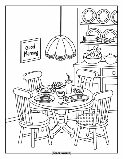 Coloriage de décoration intérieure pour enfants : Une scène de repas chaleureuse avec des pancakes, des fruits, du jus et des chaises dépareillées