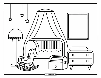 Coloriage de décoration intérieure pour enfants : Une chambre de bébé apaisante avec berceau, cheval à bascule, commode et coffre à jouets