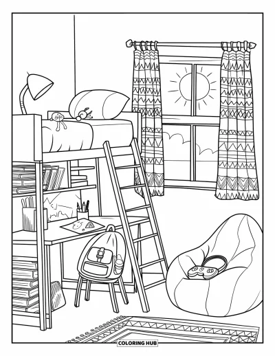 Coloriage de décoration intérieure pour enfants : Une chambre en mezzanine avec échelle, lit, bureau et pouf